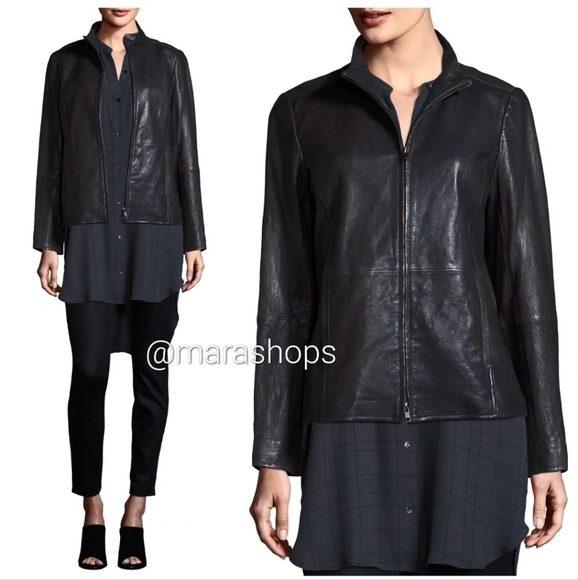 Eileen Fisher Jackets & Blazers - Eileen Fisher Black Rumpled Leather Zip-Front Jacket